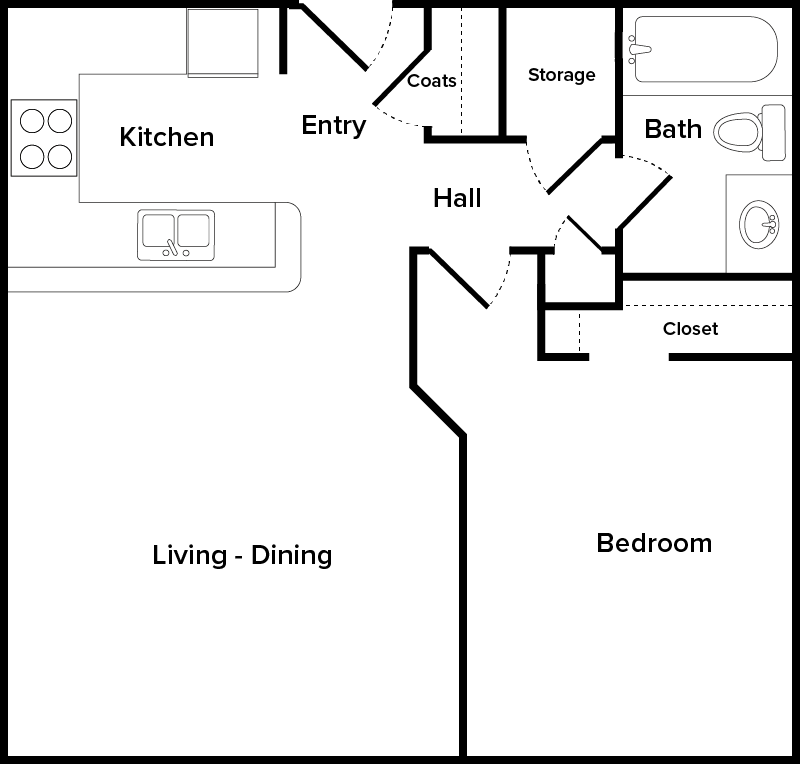 Floor plan for 1 bed, 1 bath, 634 sqft